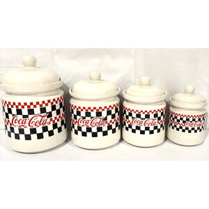 Vintage 1997 Coca-Cola 4-Piece Canister Jar Set Red Black Checkered Gibson